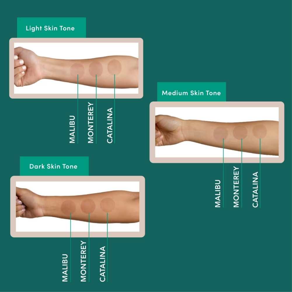 Color swatches for skin tones on arms with 'Malibu', 'Monterey', and 'Catalina' labels.