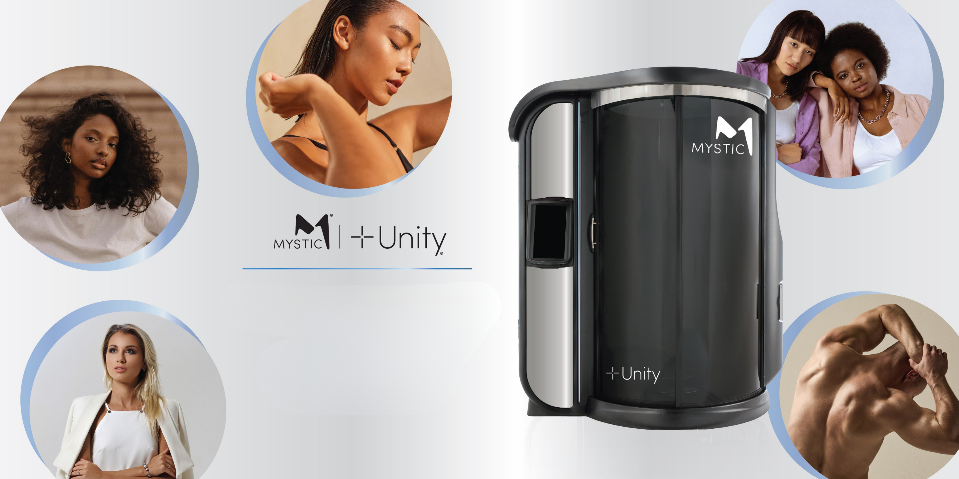 Mystic Tan Unity spray booth shown with a photo collage of diverse models highlighting even, natural results.