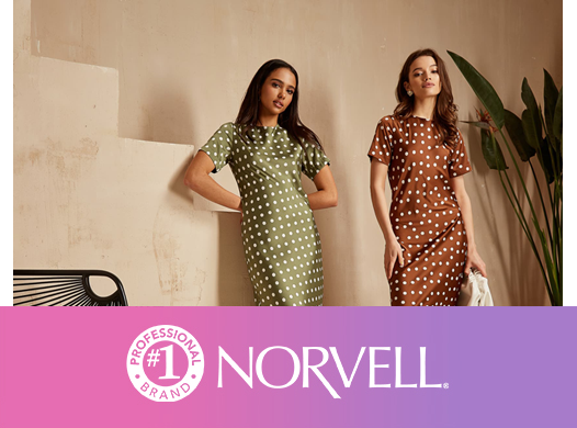 Two women in polka-dot dresses with a beige background above the Norvell Logo