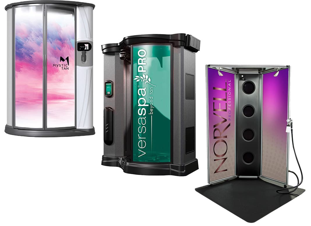 Mystic Tan automatic spray booth next to a VersaSpa Pro spray booth and a Norvell Arena Booth on a white background